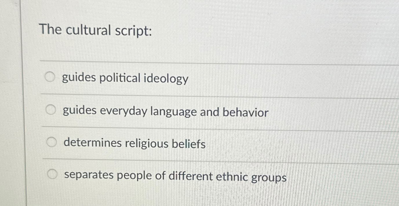 Solved The cultural script:guides political ideologyguides | Chegg.com