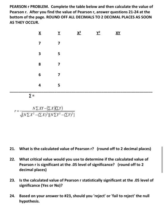 Solved PEARSON r PROBLEM. Complete the table below and then | Chegg.com