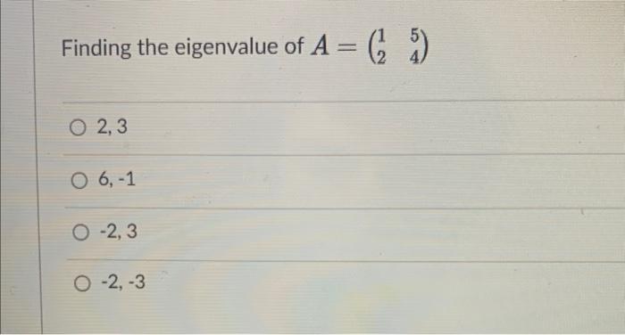 Solved Finding the eigenvalue of A=(1254) 2,3 6,−1 −2,3 | Chegg.com