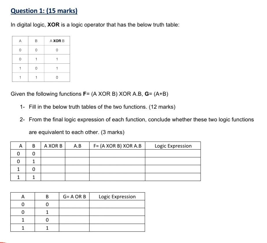Solved Question 1: (15 marks) In digital logic, XOR is a | Chegg.com