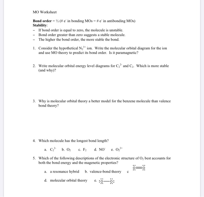 Solved MO Worksheet Bond order = 2 (#e in bonding MOs = #e' | Chegg.com