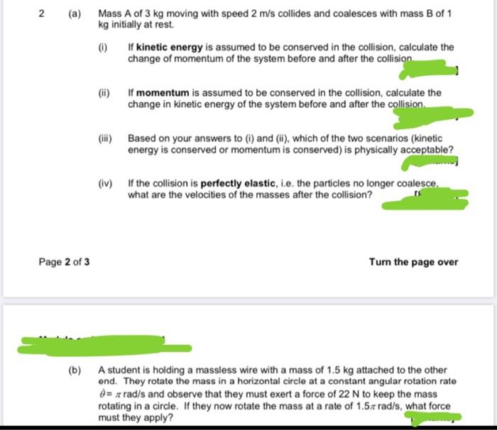 Solved 2 (a) Mass A of 3 kg moving with speed 2 m/s collides | Chegg.com