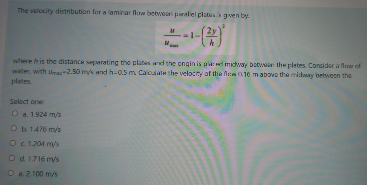 Solved The velocity distribution for a laminar flow between | Chegg.com