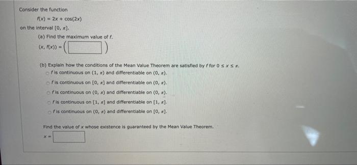 Solved Consider the function f(x) = 2x + cos(2x) on the | Chegg.com