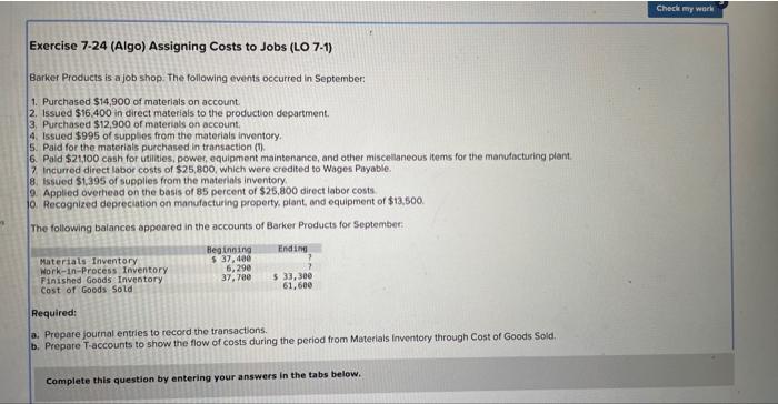 Solved Exercise 7-24 (Algo) Assigning Costs to Jobs (LO 7-1) | Chegg.com