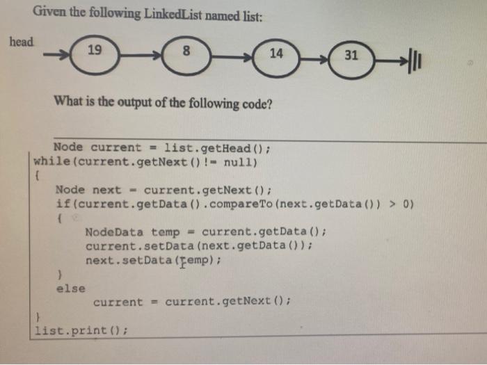 Solved Given the following Linked List named list: head 19 8 | Chegg.com