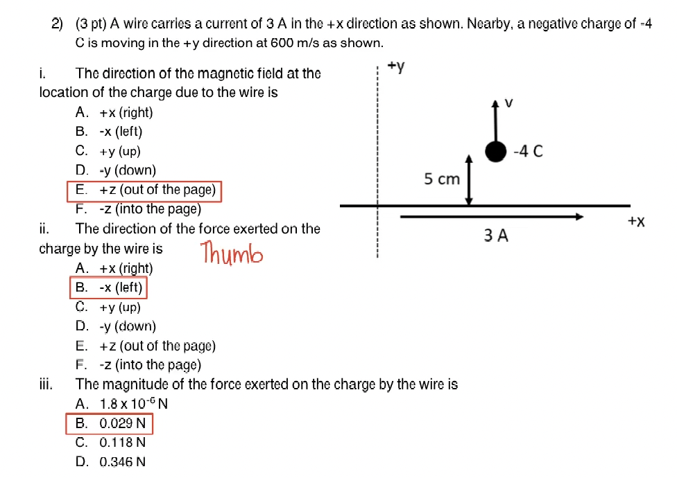 Solved (3 ﻿pt) ﻿A wire carries a current of 3A ﻿in the +x | Chegg.com