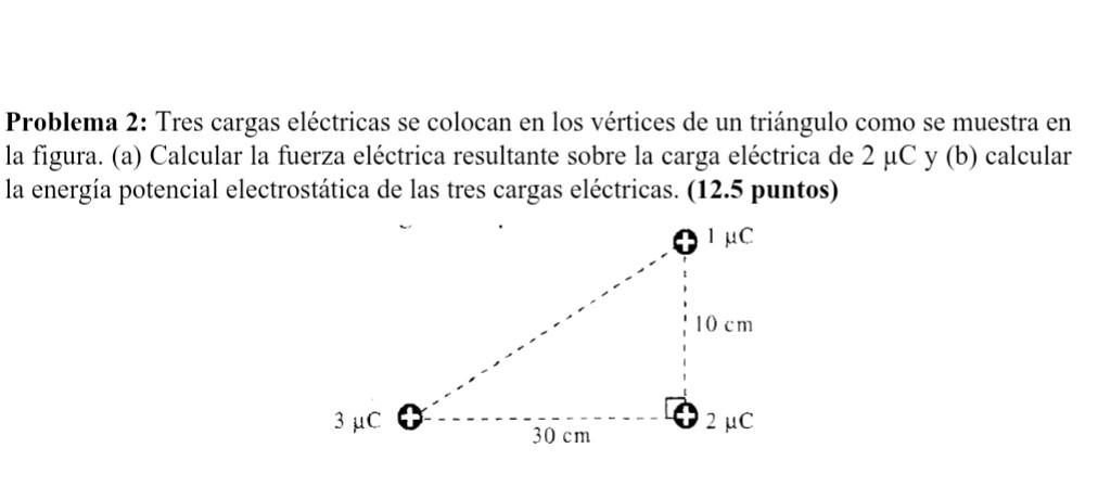 Problema 2: Tres cargas eléctricas se colocan en los vértices de un triángulo como se muestra en la figura. (a) Calcular la f