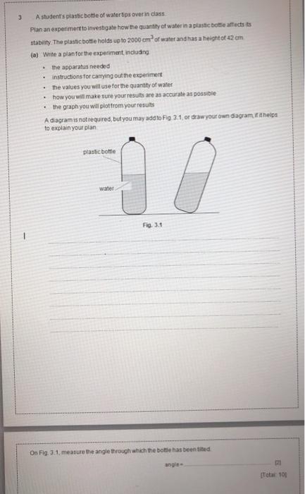 Solved 3 A student's plastic bottle of water tips over in | Chegg.com