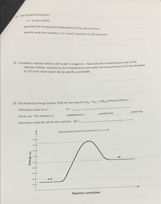Solved 8. The Arrhenius Equation k = A exp(-Ea/AT) describes | Chegg.com