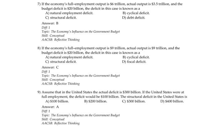 7) If the economys full-employment output is \( \$ 6 \) trillion, actual output is \( \$ 3.5 \) trillion, and the budget def