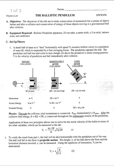 Solved Names 1 Of 3 Physics Lab THE BALLISTIC PENDULUM | Chegg.com