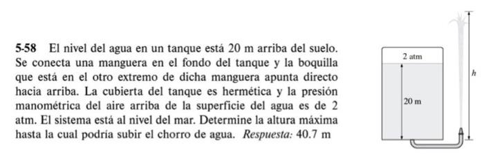 5-58 El nivel del agua en un tanque está \( 20 \mathrm{~m} \) arriba del suelo. Se conecta una manguera en el fondo del tanqu