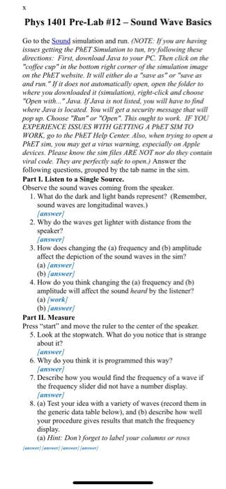 X Phys 1401 Pre-Lab #12 - Sound Wave Basics Go to the | Chegg.com