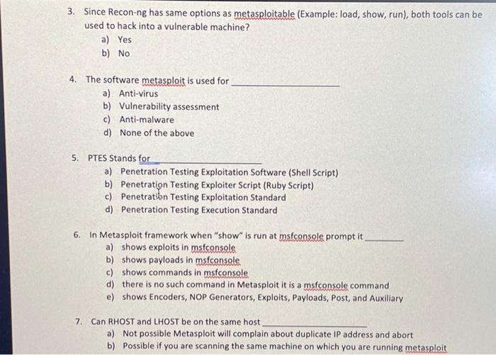 Solved 3 Since Recon Ng Has Same Options As Metasploitable Chegg Com