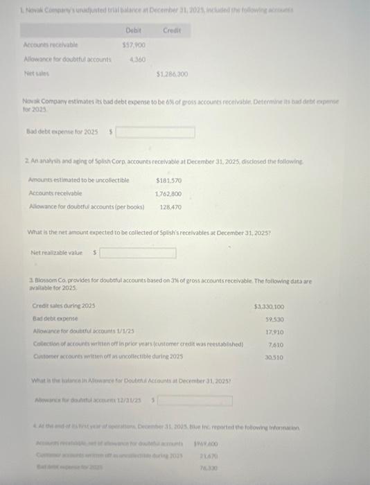 Solved for 2025 Bad debteapente for 2025 2. An andrsh and