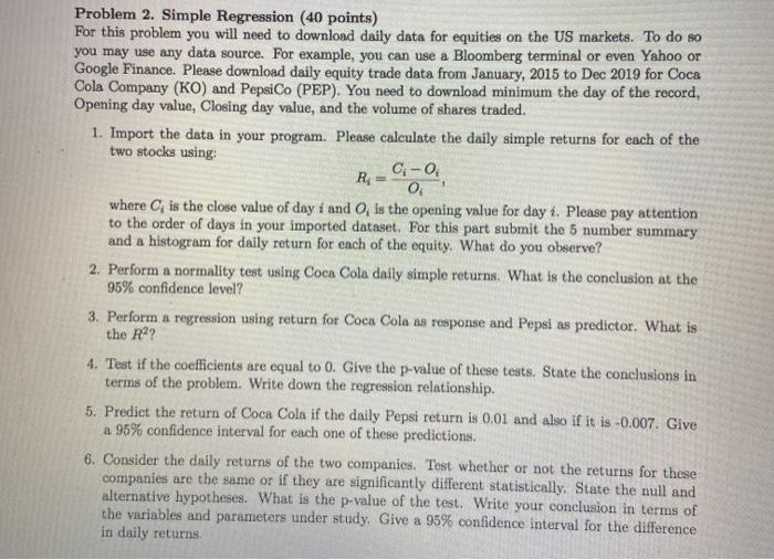 Problem 2. Simple Regression (40 points) For this | Chegg.com