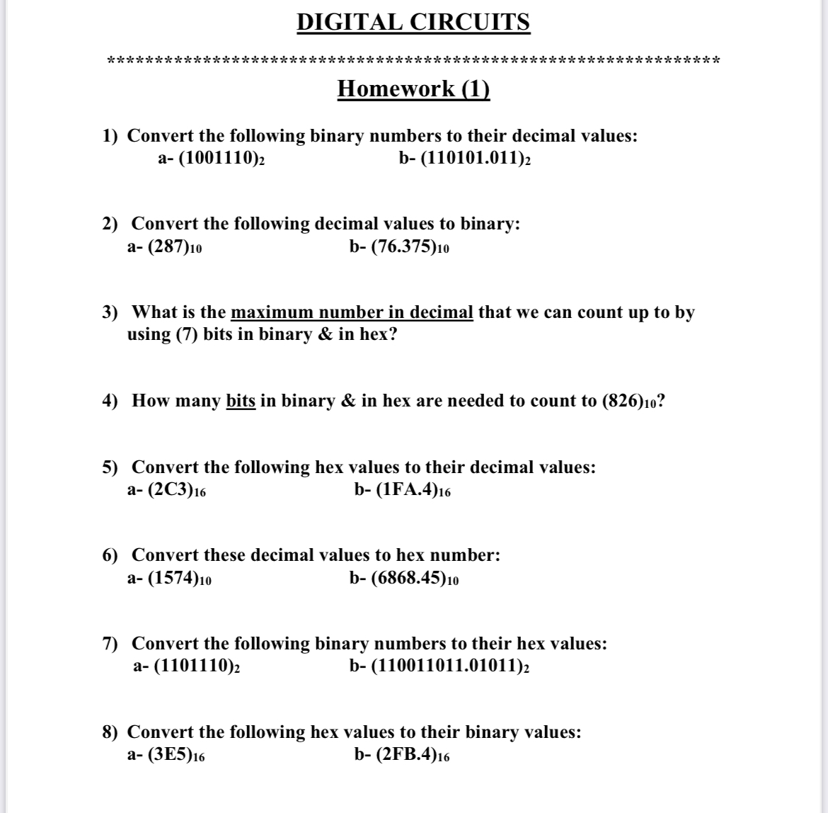 Solved DIGITAL CIRCUITSHomework (1)Convert the following | Chegg.com