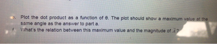 Plot the dot product as a function of e. The plot should show a maximum value at the same angle as the answer to part a. What