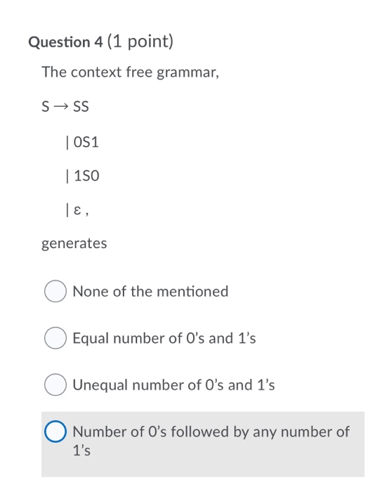 Solved Question 4 (1 point) The context free grammar, SSS | | Chegg.com