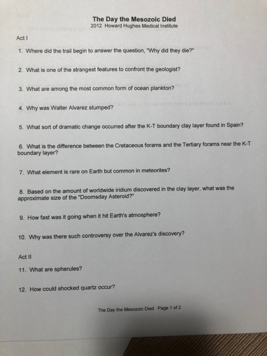 Solved The Day The Mesozoic Died 2012 Howard Hughes Medical Chegg