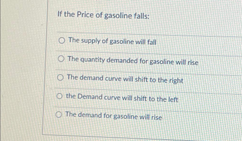 Solved If the Price of gasoline falls:The supply of gasoline | Chegg.com