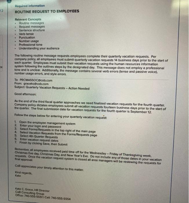Solved 12 Required information ROUTINE REQUEST TO EMPLOYEES | Chegg.com