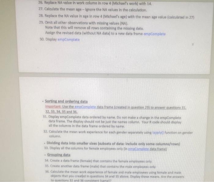 26. Replace NA value in work column in row 4 Chegg