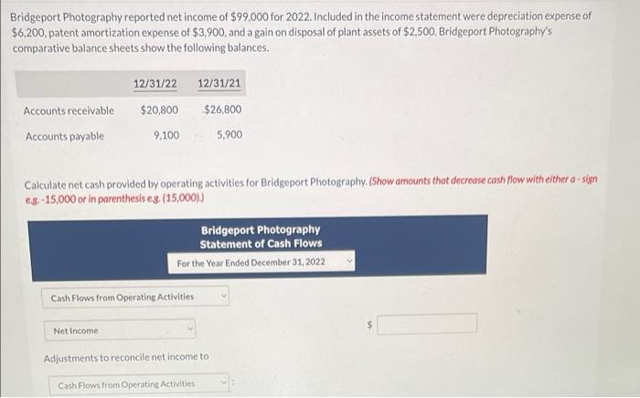 Solved Bridgeport Photography reported net income of $99,000 | Chegg.com