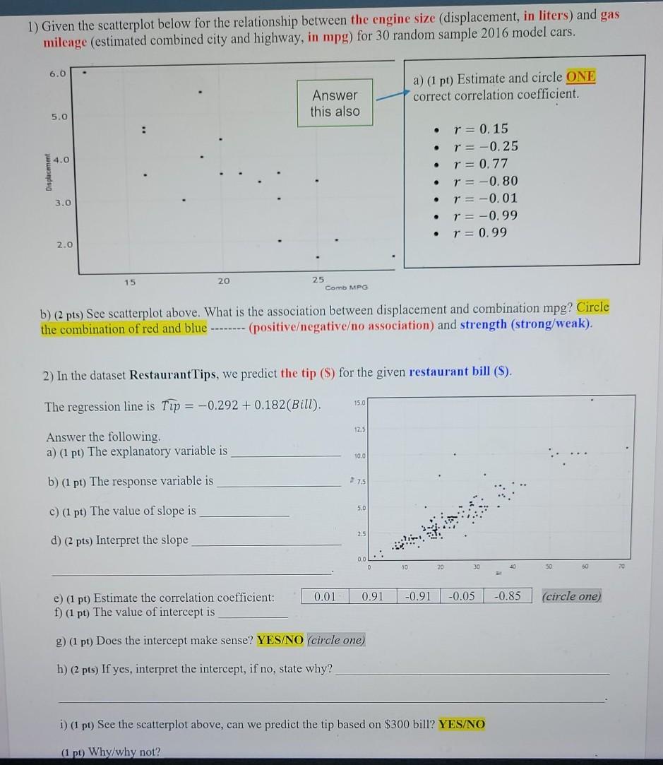Solved 1) Given the scatterplot below for the relationship | Chegg.com