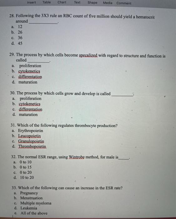 Insert Table Chart Text Shape Media Comment 28. Following the 3X3 rule an RBC count of five million should yield a hematocrit