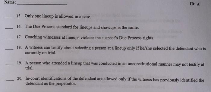 Name: ID: A 15. Only one lineup is allowed in a case. | Chegg.com