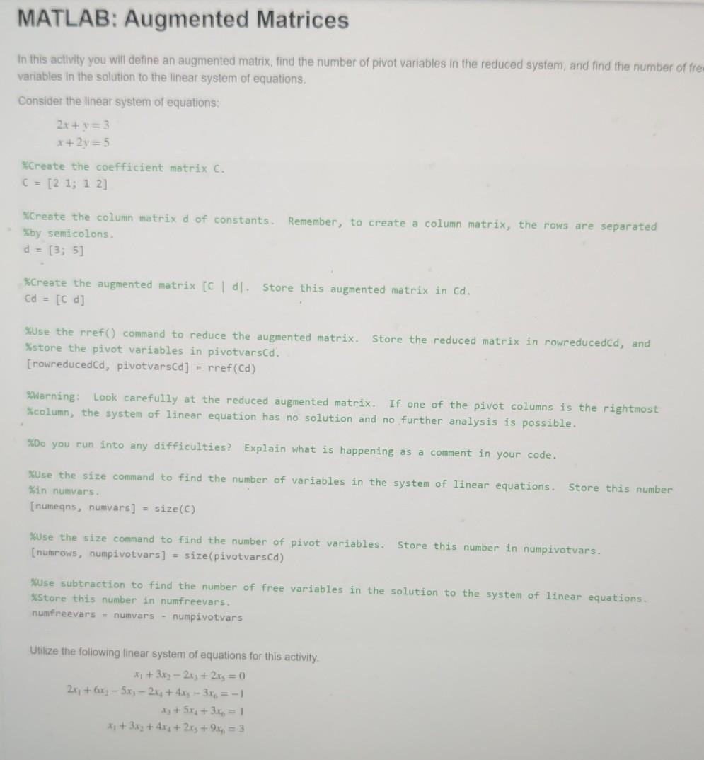 Solved MATLAB: Augmented Matrices In this activity you will | Chegg.com