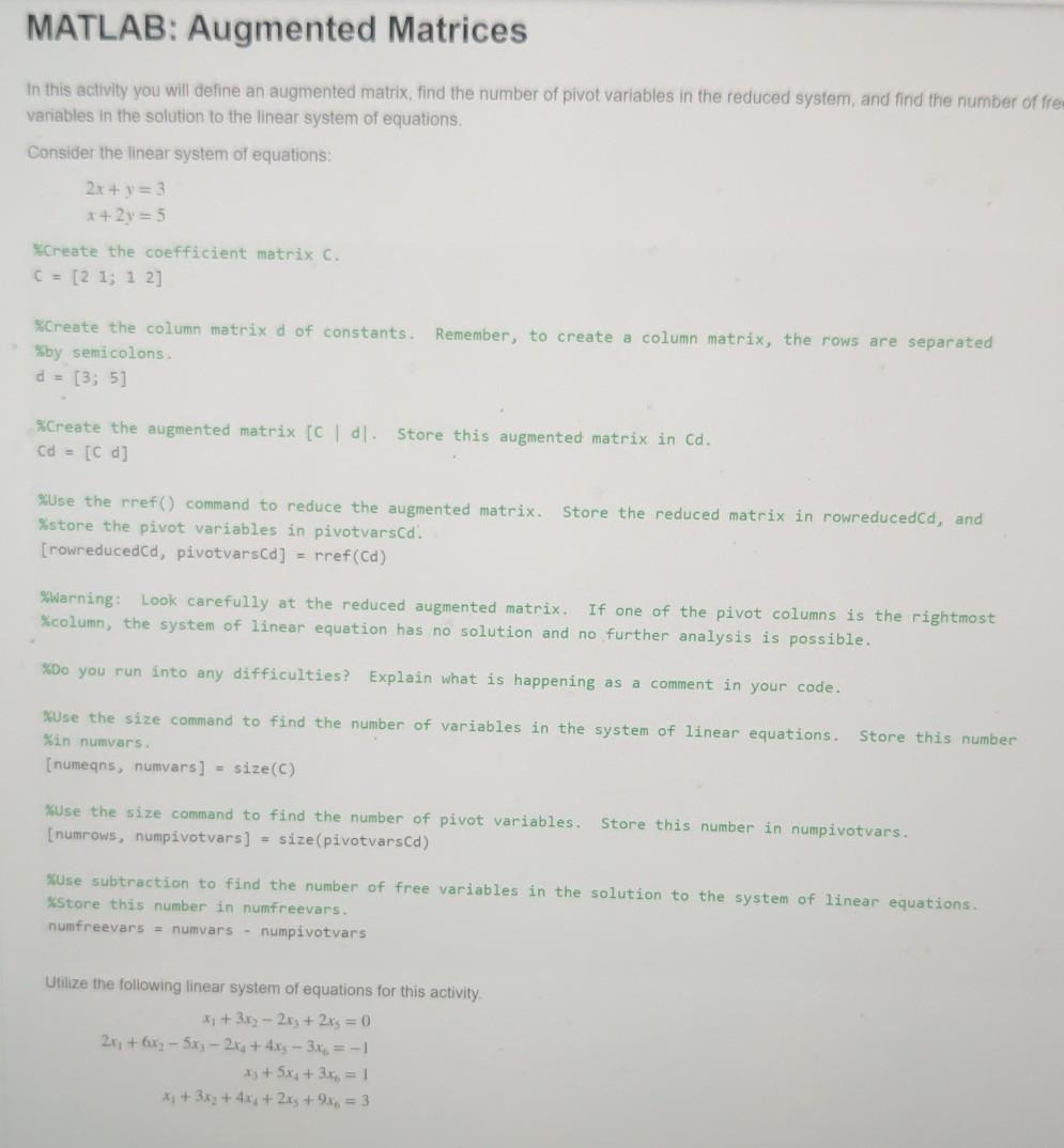 Solved MATLAB Augmented Matrices In This Activity You Will Chegg Com   Image