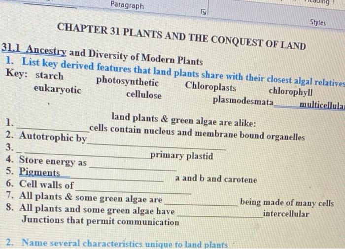 Solved Paragraph Styles CHAPTER 31 PLANTS AND THE CONQUEST