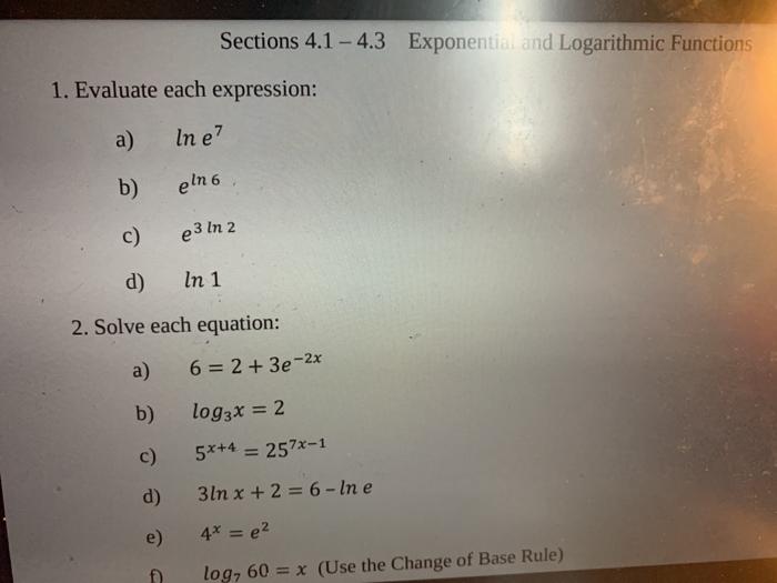 Solved Sections 4 1 4 3 Exponential And Logarithmic Chegg Com