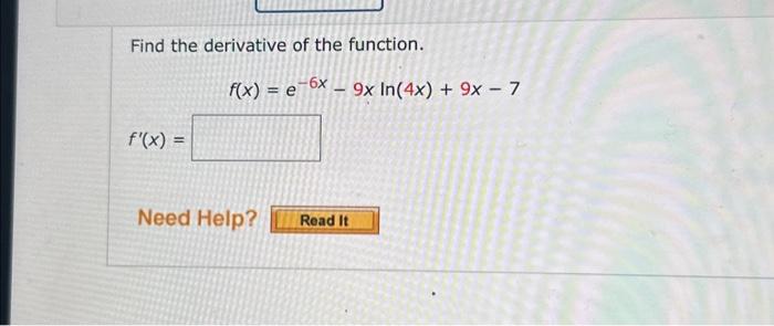 find the derivative of the function f x ln 8x 9