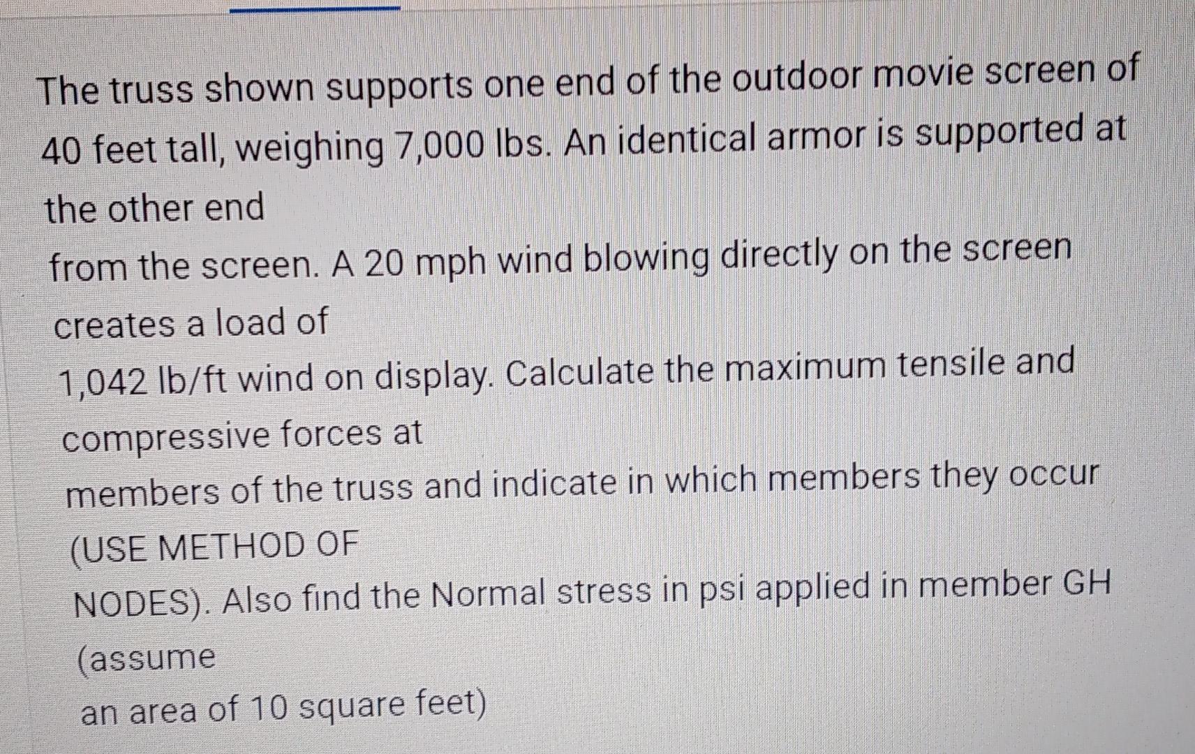 The truss shown supports one end of the outdoor movie screen of 40 feet tall, weighing 7,000 lbs. An identical armor is suppo