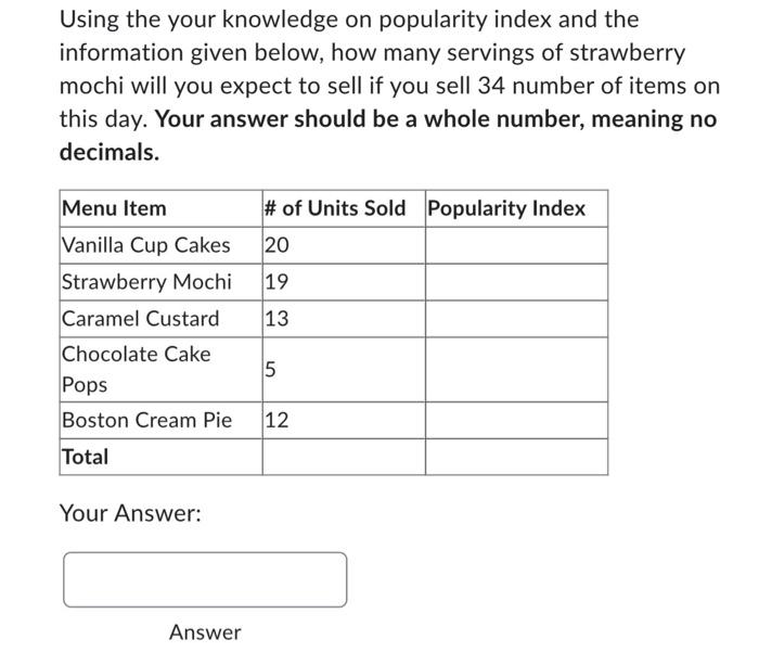 Solved Using the your knowledge on popularity index and the | Chegg.com