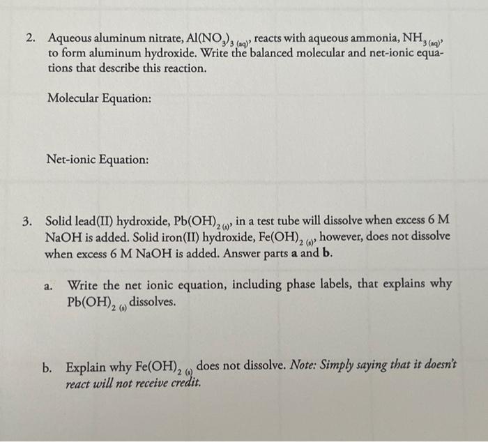 Solved 3 2. Aqueous aluminum nitrate, Al(NO3)3(aq), reacts | Chegg.com