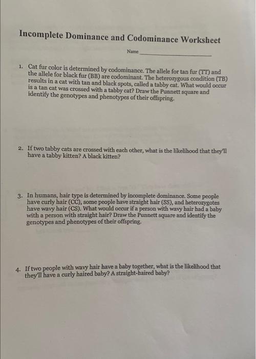 Solved Dominance and Codominance Worksheet Name