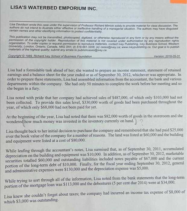 Solved LISA'S WATERBED EMPORIUM INC. Lisa Davidson wroto