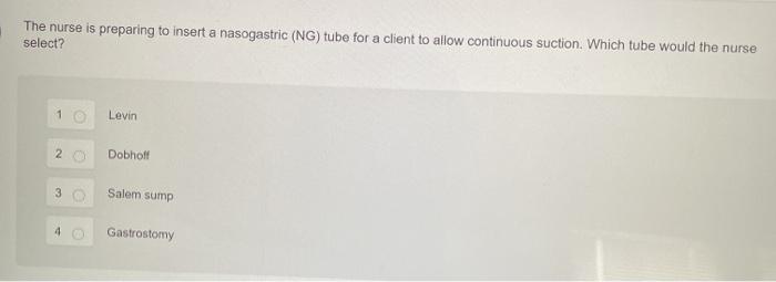 Solved The nurse is preparing to insert a nasogastric (NG) | Chegg.com