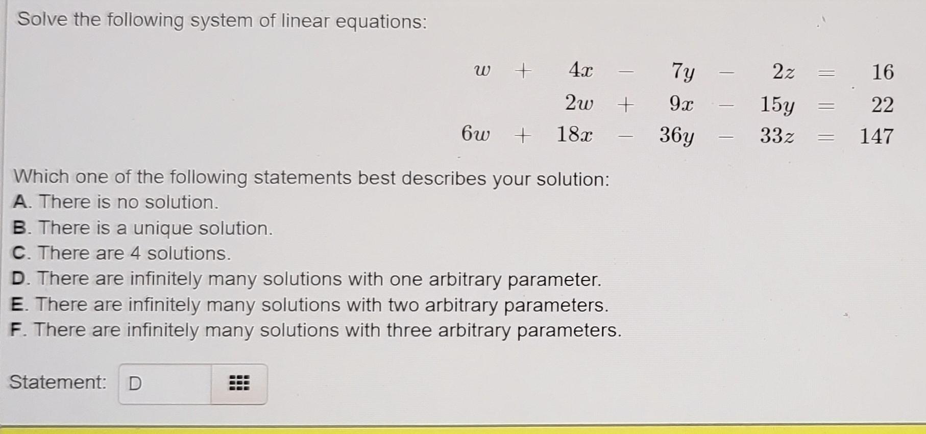 Solved solve the system of linear equations for w, x, y, z | Chegg.com