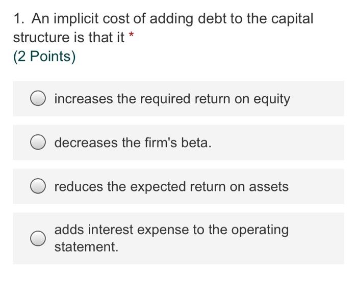 Solved 1. An implicit cost of adding debt to the capital