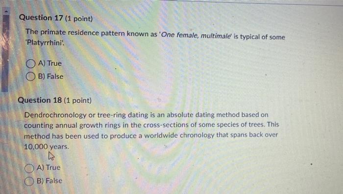 Question 17 (1 point) The primate residence pattern | Chegg.com
