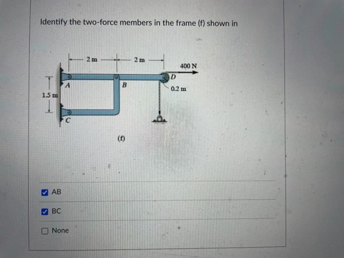 Identify the two-force members in the frame (f) shown in
(f)
\( A B \)
\( B C \)
None