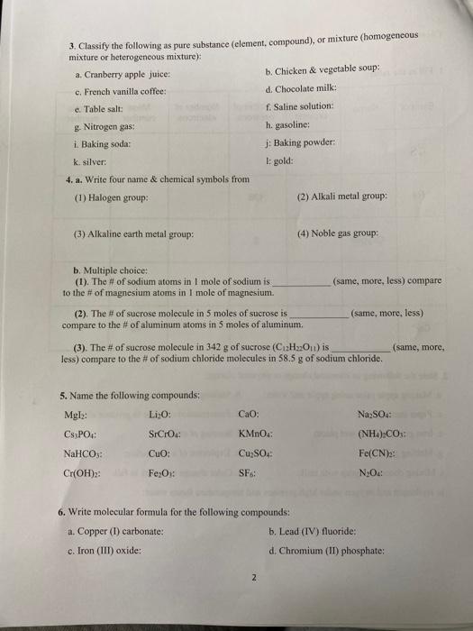 Solved 3. Classify the following as pure substance (element, | Chegg.com