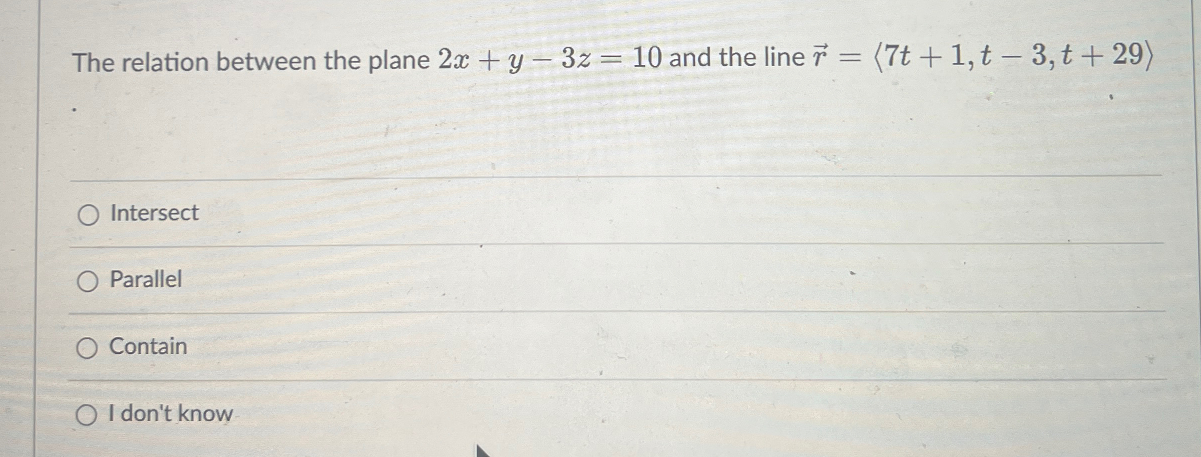 The relation between the plane 2x+y-3z=10 ﻿and the | Chegg.com