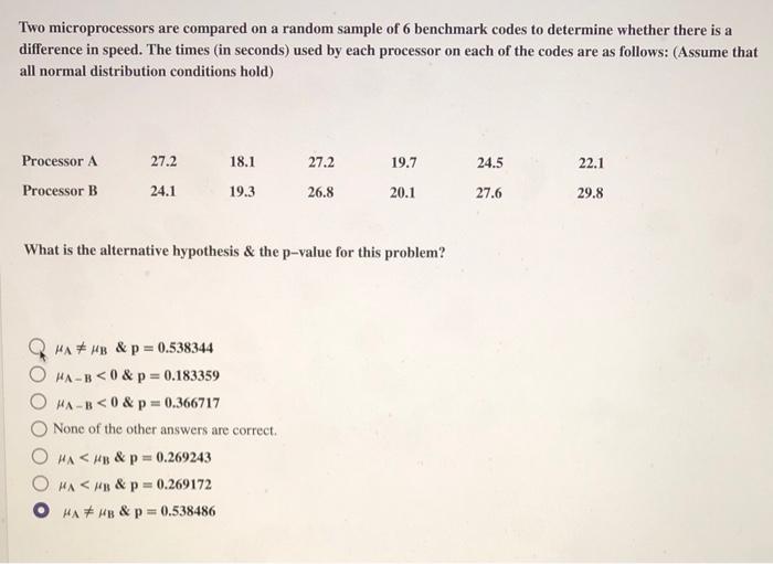Solved Two microprocessors are compared on a random sample | Chegg.com